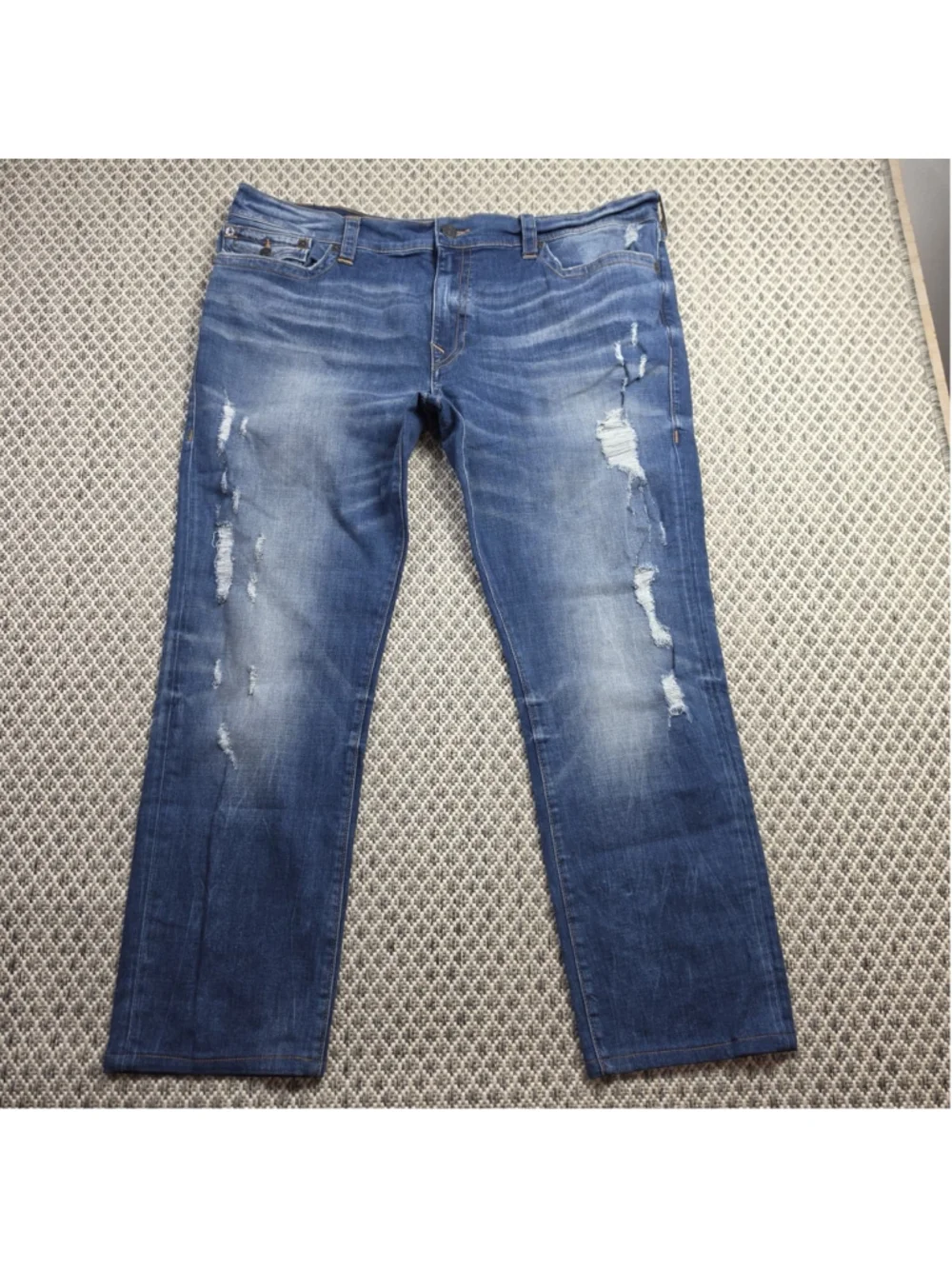 True Religion Geno Jeans Mens 42 Relaxed Slim Distressed Blue Flap Pocket Denim